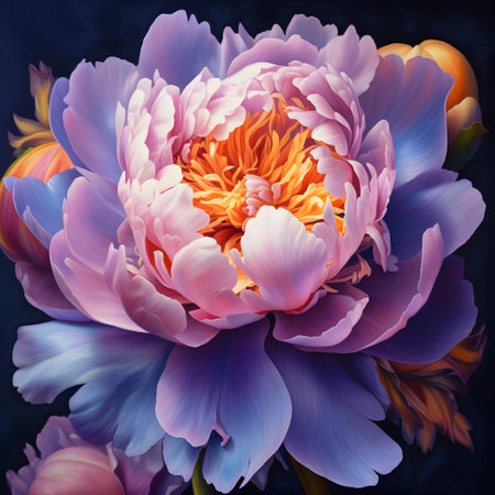 Peony close-up on a black background. Lilac flower. acrylic painting. Greeting card, banner, cover. Generative AIの素材