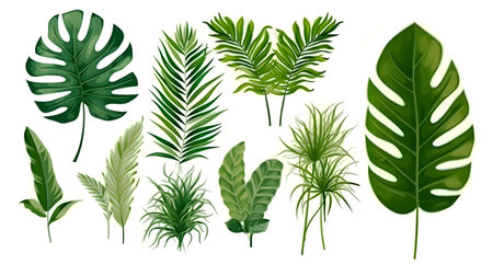 Collection of green tropical leaves on a white background. Illustration set with green wild leaves. Botanic background for wrappers, print. Generative AIの素材