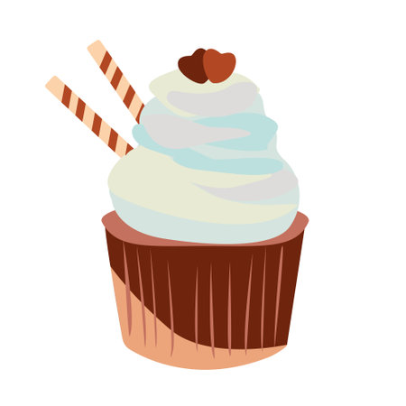 Cupcake with cookies tubes and hearts. Vector flat illustration. Muffin with whipped cream. cartoon style. For birthday cards, invitations.のイラスト素材