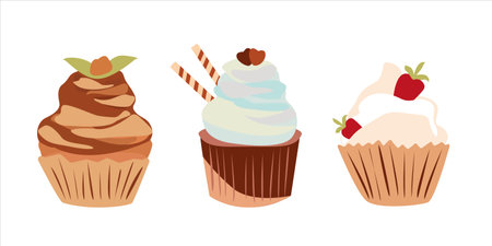 Collections of sweet food. Creamy cupcake set isolated on white. greeting card design element. vector illustration.のイラスト素材