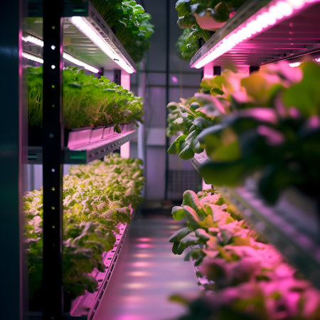 Organic hydroponic plants on vertical farms grow with LED lighting. Smart eco farming. Blur. The current trend of agribusiness. Generative AIの素材
