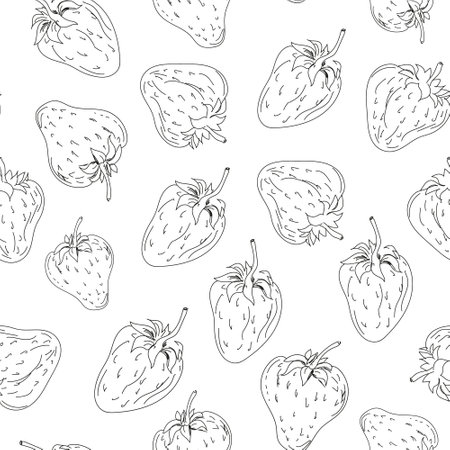 Seamless pattern with contour strawberries. Berries in hand drawn sketch style. Cute doodles in vector on a white background. diet organic products. Monochrome background for design wrapping paper, print, textile. vector illustration.のイラスト素材