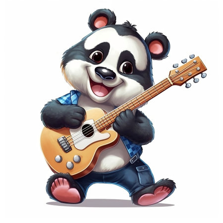 Cute panda guitarist isolated on white background. cartoon bamboo bear. Generative AIの素材