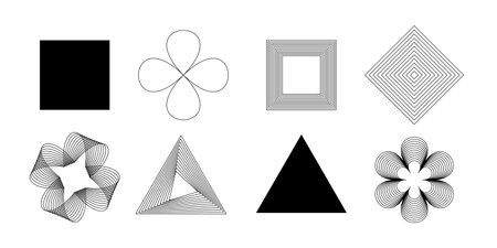 A set of minimalistic linear icons and shapes for web design, posters, clothes, covers. Universal elements and shapes. Set of geometry elements. modern shapes set. Graphic element vector.のイラスト素材