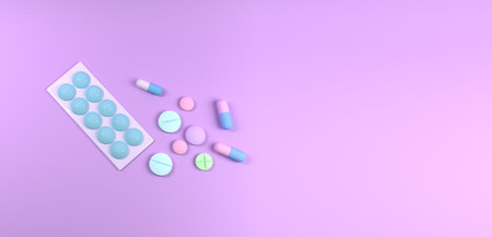 Colored Pills, Tablets and Capsules Blisters for Pharmacy and Medicine, with a Syringe. Pink medical background for presentation. 3d rendering.の写真素材