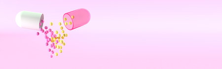 Realistic medical opened capsule pill. Antibiotic 3D medicine drug for concept improve health. 3d render capsules for advertising healthcare food on white background. open capsule. medical bannerの写真素材