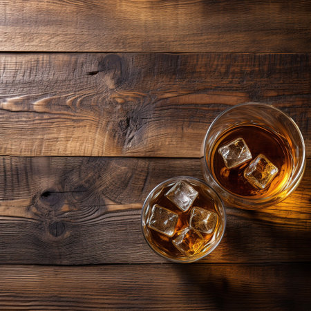 Glass of whiskey and barrel on wooden background top view. Alcohol drink illustration. Generative AIの素材