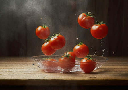 Levitation of red tomatoes. Vegetables fall into a glass plate on a wooden table. The texture of the oil. Generative AIの素材