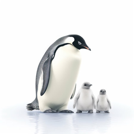 Penguins on a white background. Illustration of a large penguin with small penguins. Black and white drawing of cute arctic birds. Generative AIの素材