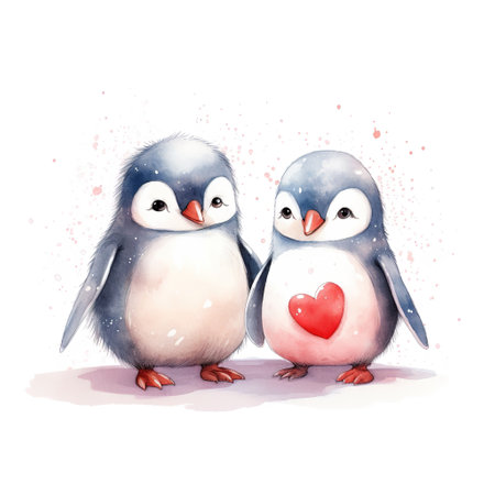 Cute penguins in hand drawn watercolor style. Symbol of love. Design for postcards, invitations, clothes, textiles. Generative AIの素材