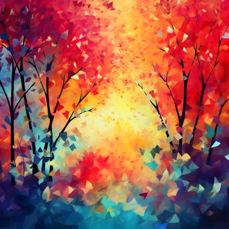 Watercolor painting polygon art depicting a beautiful autumn landscape. modern impressionism. Generative AIの素材