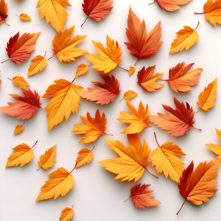 Yellow-orange autumn tree leaves on a white background. Maple leaves, autumn composition. Generative AIの素材