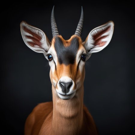 Black-footed antelope portrait on a black background close-up. Wild cloven-hoofed animal. Generative AI.の素材