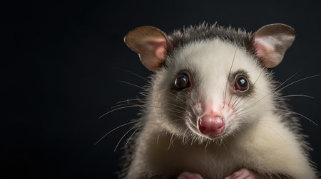 Studio portrait of a smiling possum on a black background. Virginia Opossum (Didelphis virginiana). Wild exotic animal on a horizontal banner. Generative AI.の素材