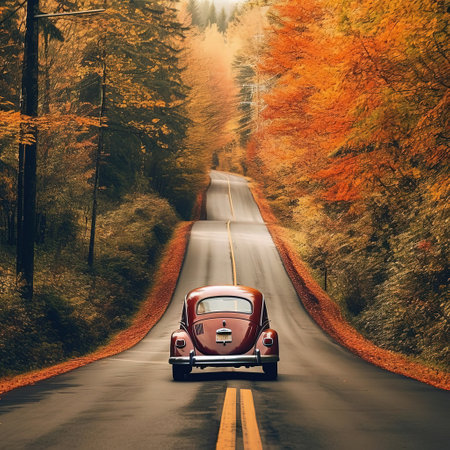 Illustration of an autumn country road with retro car. Autumn landscape in oil. The concept of changing seasons. Generative AIの素材