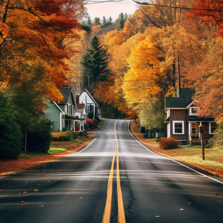 View of the forest road in autumn. European village in the Alps. Picturesque autumn road trips showcasing scenic. AI Generatedの素材