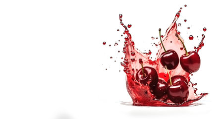 Dynamic picture of cherries flying into juice. Splashes of wine on white with space for text. Drops of moisture. AI generatedの素材