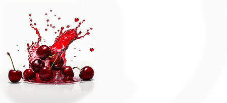 Cherries in a splash of juice highlighted on white background with space for text. cherry wine. AI generatedの素材