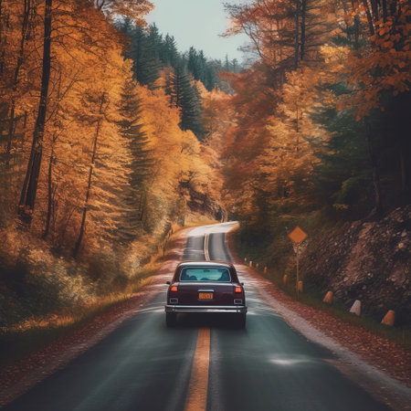 Colorful autumn colors and a retro car on the mountain road. Way to the pass, Carpathians, Europe. autumn retro background. AI Generatedの素材