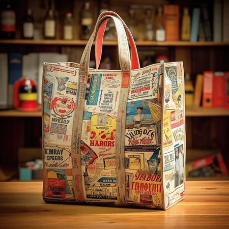 Bag in vintage style with nostalgic applique print from color magazine clippings. Stylish travel bag. Generative AIの素材