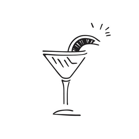 Vector linear Cocktail with slice of lime. icon. A slice of lemon with a martini or mojito glass. Cocktail glass, doodle style.のイラスト素材