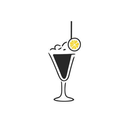 Drink vector icon set. cocktail icon. Glass with ice cream and lime slice. Line and flat icon. bar symbol. Doodle style blach and yellow illustration.のイラスト素材