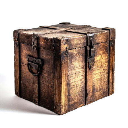 Old wooden trunk with closed lid. Ancient, brown chest, isolated on white background. AI generatedの素材