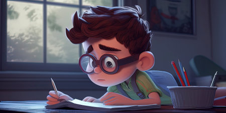 A cute boy with glasses reading a book. The student is doing the task. illustration in cartoon style. AI generatedの素材