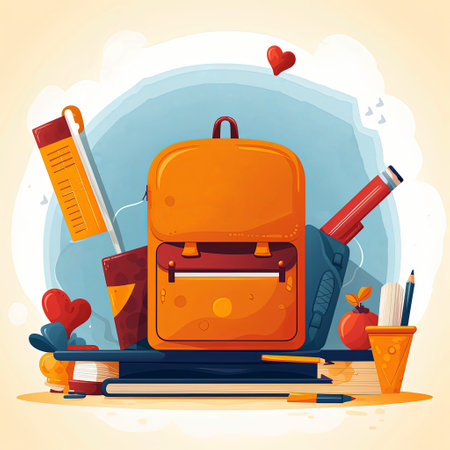Back to school illustration. Bright school bag with school supplies. AI generatedの素材
