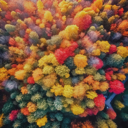 Colorful autumn forest top view. Stunning aerial shots of autumn landscapes. Floral multi-colored background painted in oil. AI Generatedの素材