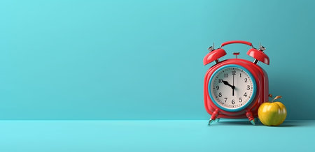 Alarm clock and apple on turquoise background. The concept of time with space for text. AI Generatedの素材