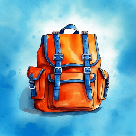 Orange school bag on blue background. Comfortable backpack with pockets. style bag. AI Generatedの素材