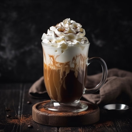 Irish coffee. Irish cream and coffee cocktail in glass on an old wooden background. selective focus. AI generatedの素材