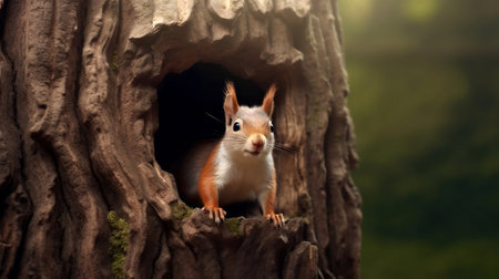 A cute squirrel peeks out of the hollow. A red squirrel peeps out of a hollow of a pine tree. AI Generatedの素材