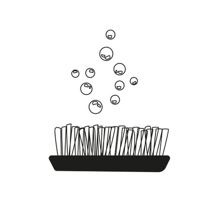 Clothes cleaning brush and soap bubbles. Icon with cleaning brush and soap bubbles. Vector. black and white. cleaning equipmentblack and white Illustration.のイラスト素材