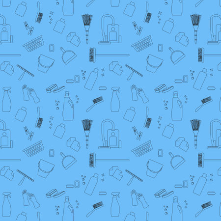 Outline cleaner equipment products for cleaning housework domestic brush sponge bottle spray and protective gloves, housekeeping supplies vector illustration or banner seamless pattern.のイラスト素材
