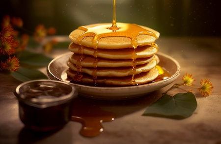 Pancakes and spilled linden honey. Appetizing fritters with honey on wooden table. natural tasty medicine. Healthy and healthy snack concept. AI Generatedの素材