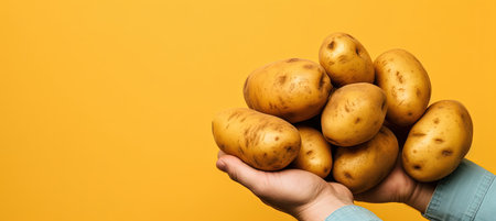 Potatoes on yellow background with space for text. Full female handful of new potatoes. Design for poster, cover of farmer's fair, grocery store. AI Generatedの素材