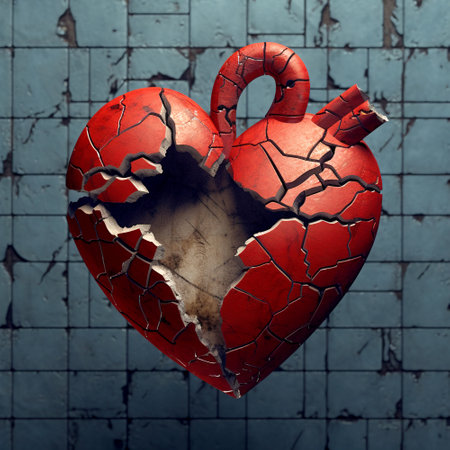 Brokenheart. Conceptual image with big crashed red heart. Symbols of love. AI Generatedの素材
