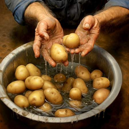 Men's hands washing potatoes. New potatoes in a bowl of water. Vegetables grown by farmer. AI Generatedの素材