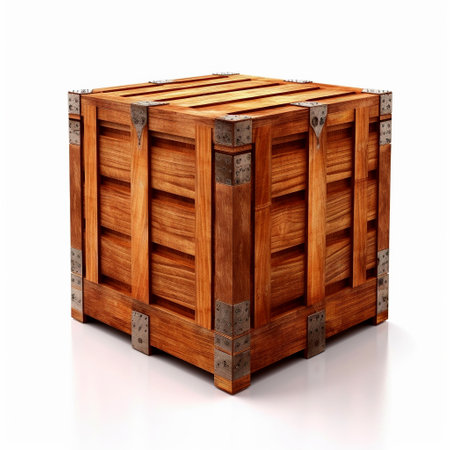 Wooden container upholstered with metal on a white background. Vintage creative box close-up. AI generatedの素材