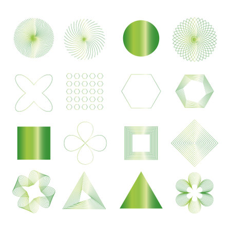 Set of retrofuturistic design elements. Collection of grids, cubes, perspectives, striped shapes, circular elements, polar grids, triangles. Vector illustration. Green gradientのイラスト素材