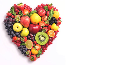 Heart from fruits on a white background with space for text. fruit composition. Cover design, business cards, postcards. polygon art. AI Generatedの素材