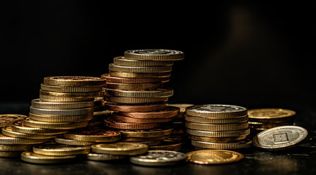 Round coins on a black background. finance and money. AI Generatedの素材