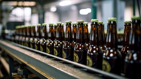 Beer bottles on the conveyor belt. Production and bottling of alcoholic beverages. bokeh. selective focus. AI Generatedの素材