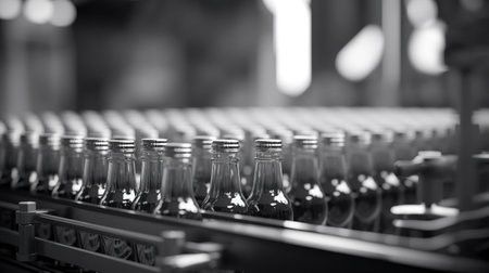bottles on the conveyor. A batch of glass containers in the production workshop. Monochrome background.の素材