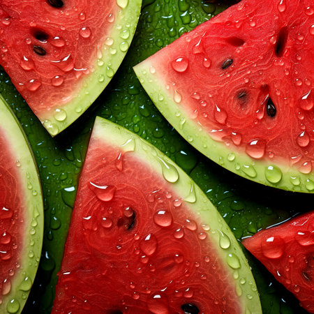 Red watermelon on a green background. Watermelon slices. Drops of moisture on melon. watermelon texture.の素材