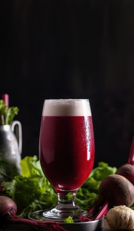beer. Red IPA and beets on a black background. Beetroot Pale Ale. Non-traditional types of beer.の素材