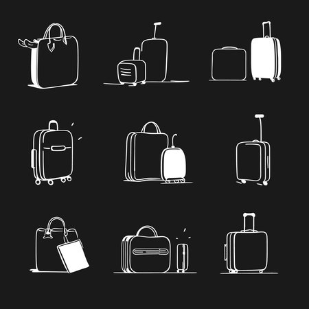 A set of travel suitcases and bags on a black background. Vector illustration for stickers.のイラスト素材