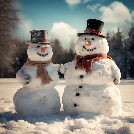 two snowmen. Snowmen against the backdrop of a winter forest. Winter landscape on a sunny day.の素材